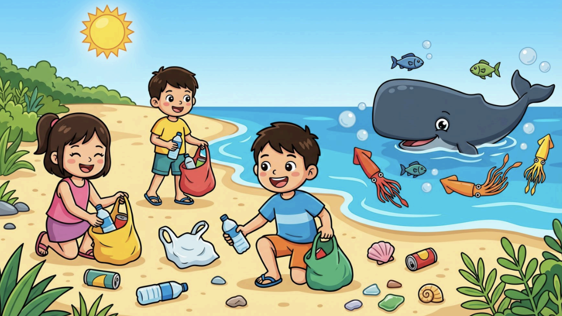ビーチクリーンをする子どもたちとクジラのイラスト