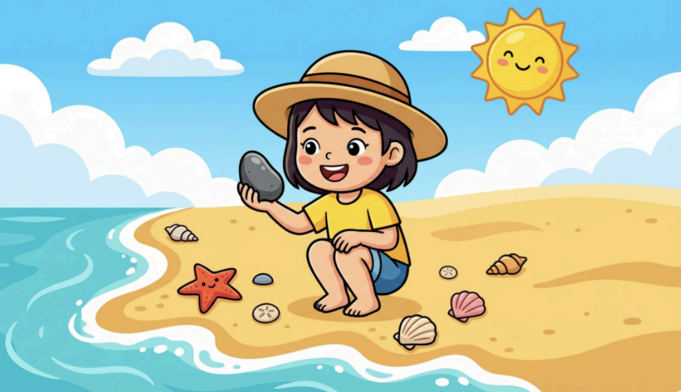 砂浜でお宝探しをする女の子のイラスト