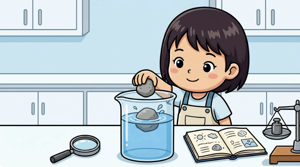 石を水に入れて観察テストをする女の子のイラスト
