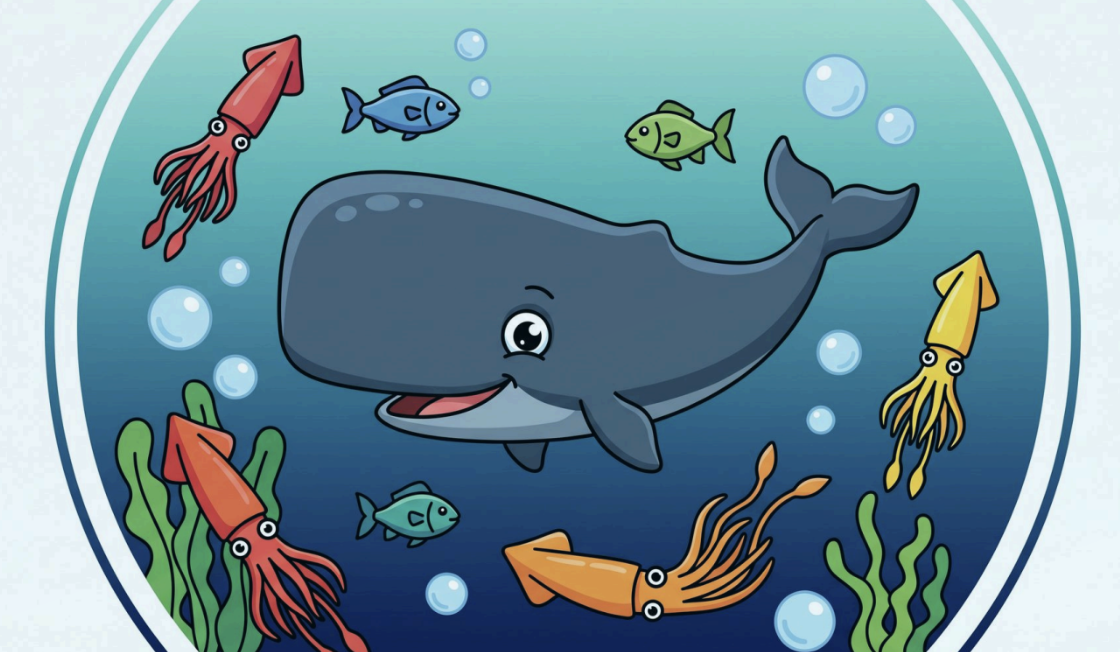 海の中のマッコウクジラとイカ・魚たち（イラスト：あらたひとむ）